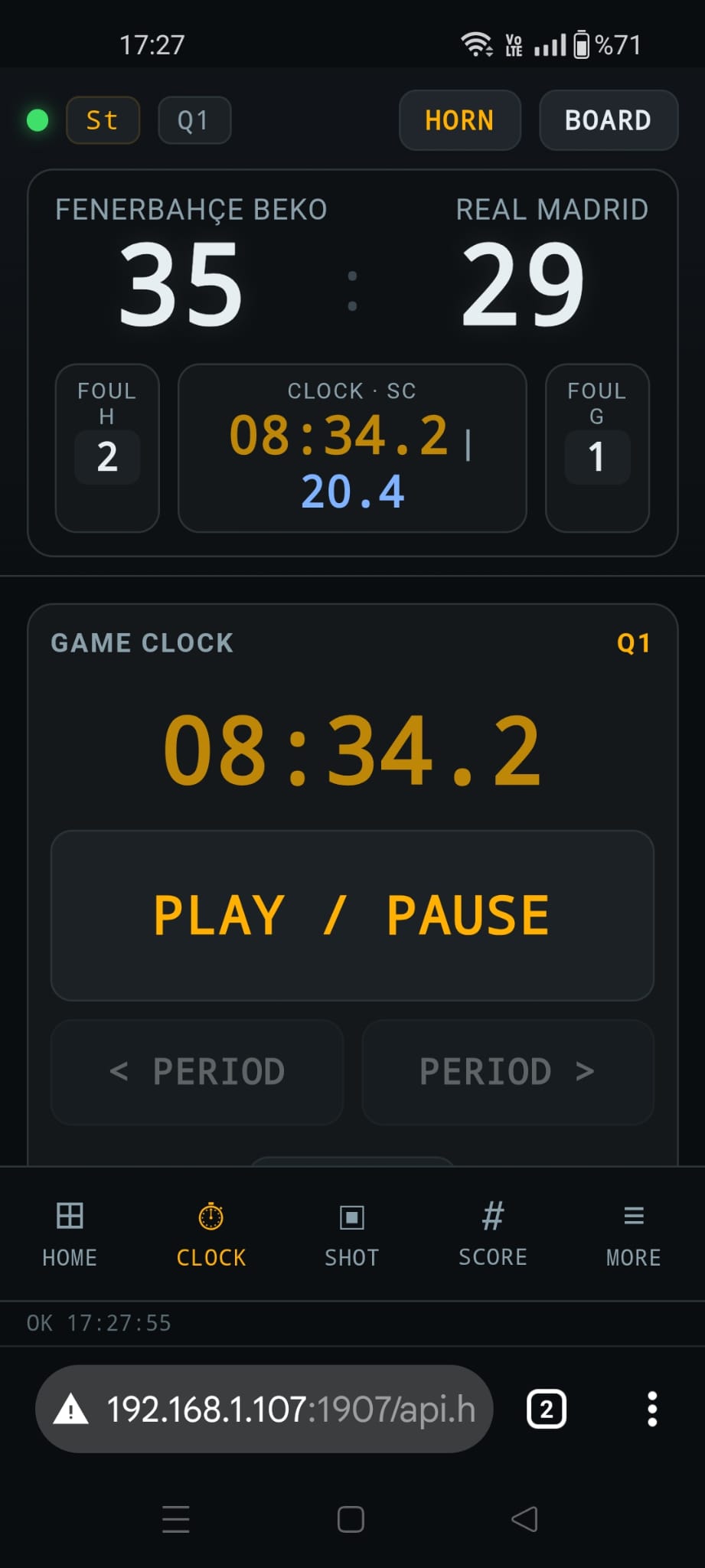 basketBoard remote CLOCK tab — main game clock control