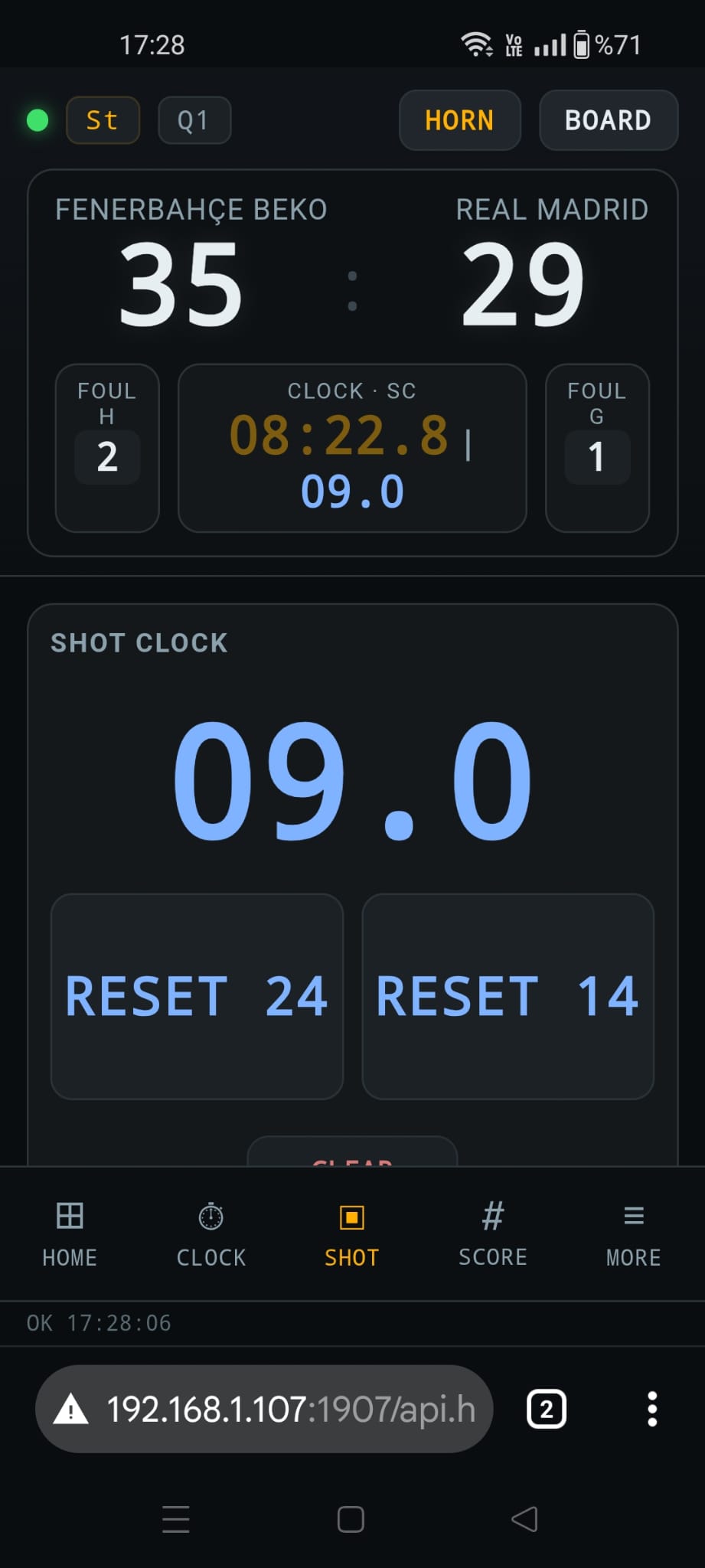 basketBoard remote SHOT tab — 14/24 second shot clock control