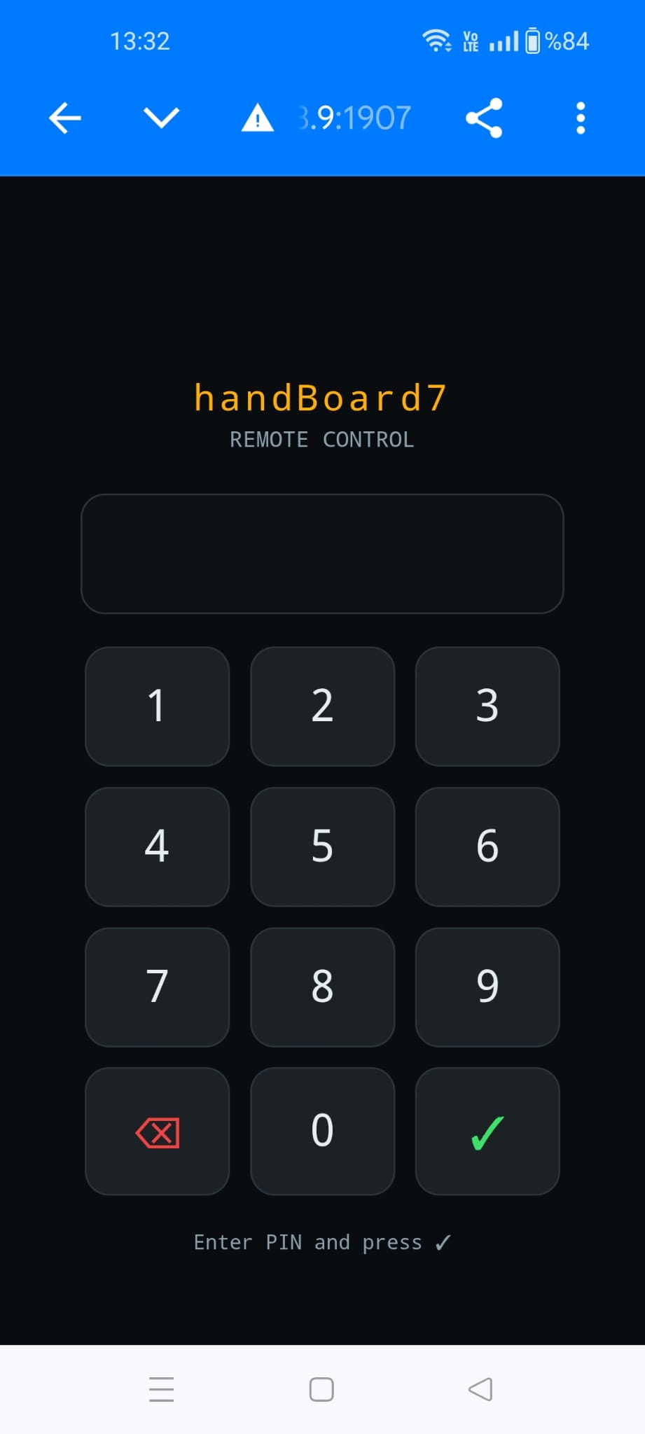handBoard7 remote control PIN login screen