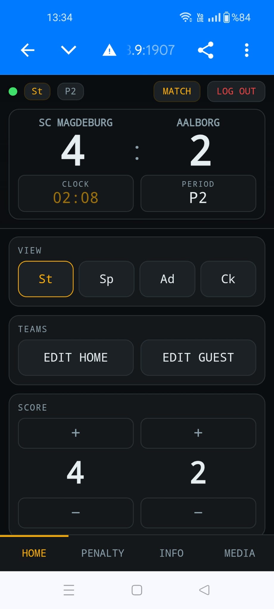 handBoard7 remote HOME tab with score and clock controls