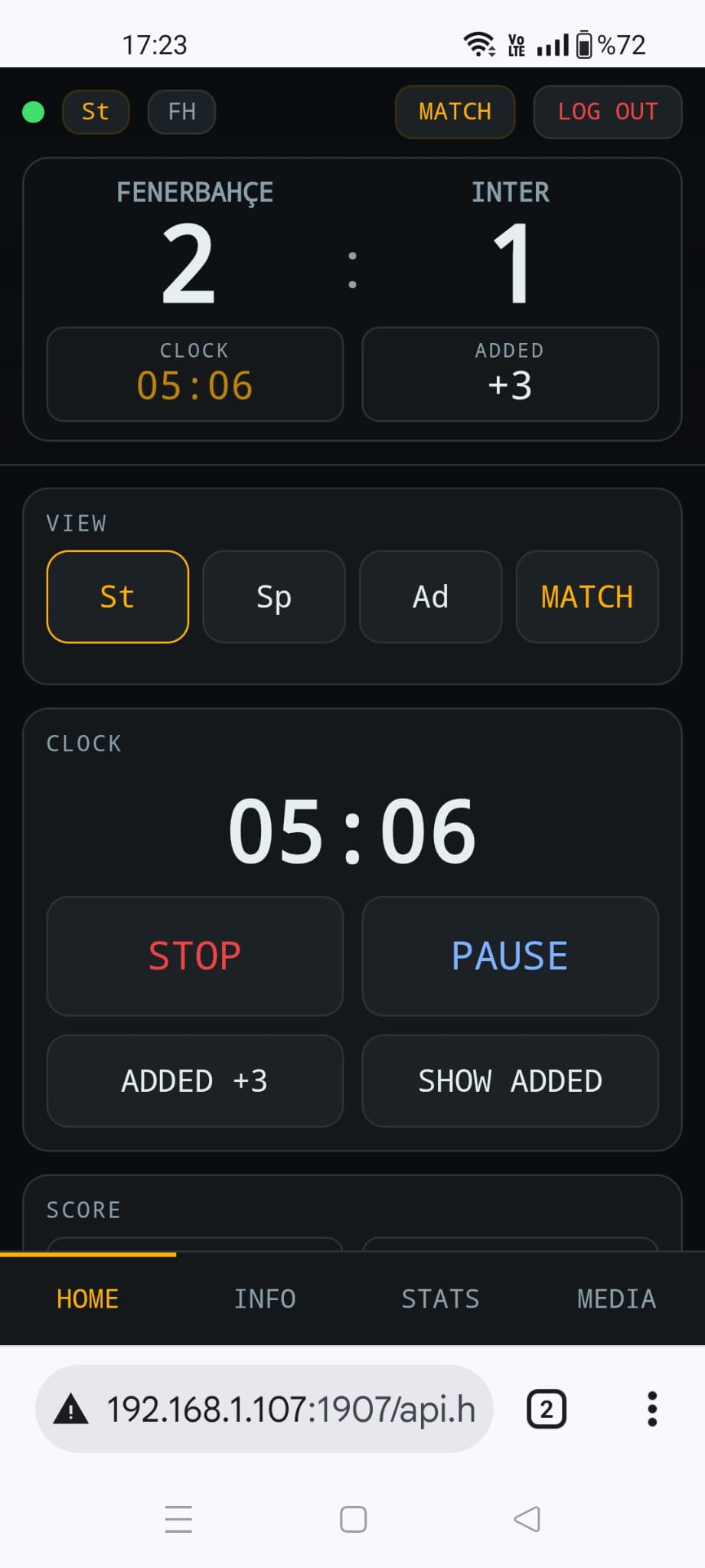 soccerBoard remote HOME tab — clock, score, team names, period, extra time